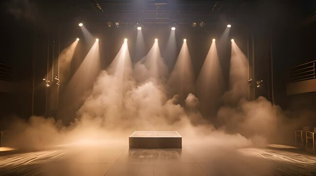 A dramatic theater stage illuminated by multiple spotlights with fog adding a mystical ambiance. The stage is prepared for a performance.