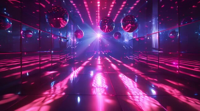 A vibrant disco room with multiple mirrored walls, illuminated by pink and blue lights, and several disco balls hanging from the ceiling.