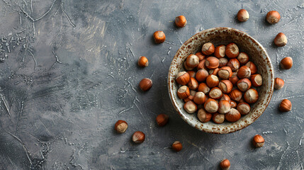 Bowl with hazelnuts on grey background