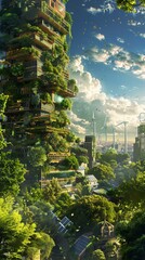 Obraz premium A lush green city of the future with skyscrapers covered in plants and trees