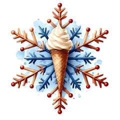 An illustration for Christmas in July, Snowflakes made of ice cream cones, rendered in watercolor style. 