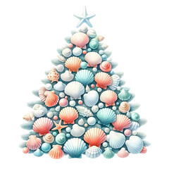 An illustration for Christmas in July, Christmas tree decorated with seashells, rendered in watercolor style. 
