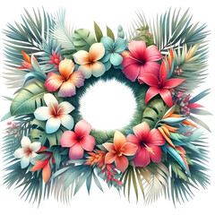 An illustration for Christmas in July, Christmas wreath with tropical flowers, rendered in watercolor style. 