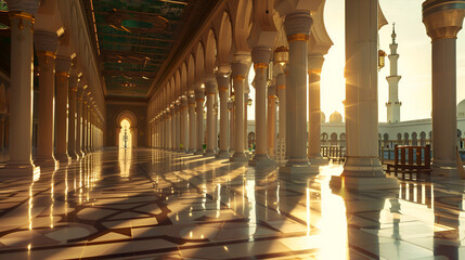 Medina saudi arabia Prophet Mohammad interior mosque Architectural with sunlight background
