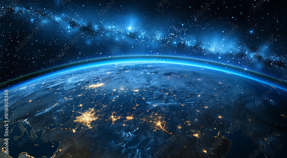 Poster View of the Earth from space at night with Aurora borealis showing the African continent. Generative AI.