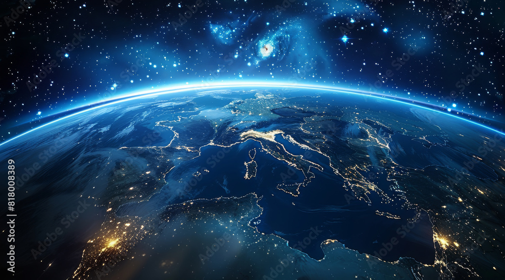 Aufkleber view of the earth from space at night with aurora borealis showing the african continent. generative