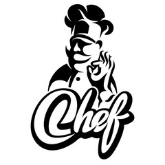 Chef with mustache in cap and an inscription. Vector monochrome template