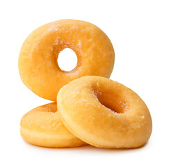 Front view of sugar glazed cinnamon donuts in stack isolated on white background with clipping path