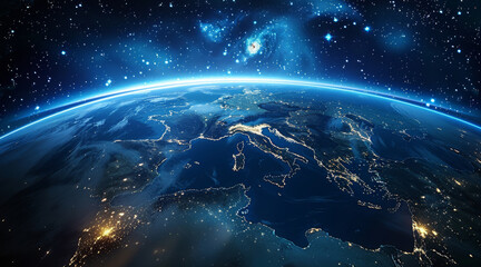 Naklejka premium View of the Earth from space at night with Aurora borealis showing the African continent. Generative AI.