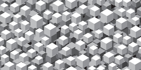 Grayscale abstract geometric seamless cubic pattern. Vintage vector bg with flying 3D cubes. Futuristic optical illusion