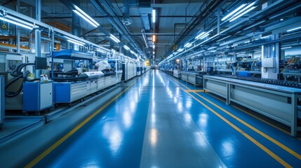 Fototapeta premium Precision and innovation at an electronic device factory, with a focus on the specialized cable production lines, under detailed studio lighting