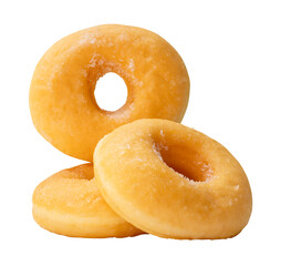 Front view of sugar glazed cinnamon donuts in stack isolated with clipping path in png file format