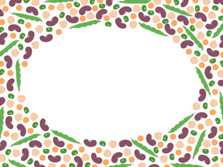 A set of several beans (lentil, chickpea, bean, string bean, mung bean) on periphery make ellipse-like space in the center to put your ads (text) inside. Food, beans. Vector illustration.