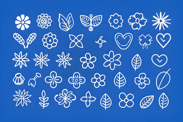 A blue background with a white flower and leaf on it. The flower is a heart and the leaf is a leafy green