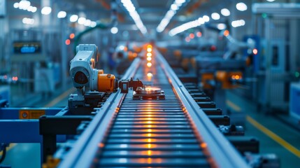 Panoramic view of a high-tech electronics workshop with engineers programming robotics, focusing on innovation and expertise