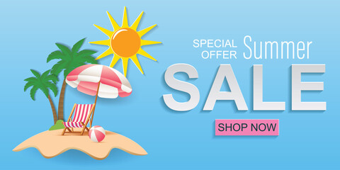 Summer Sale Banner With Beach Landscape, Beach Chair, Pink Umbrella, and Ball With Paper Cut Style