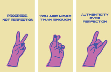 Finger signs hands flat design set cards good is enough motivation phrases