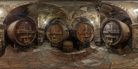 A comprehensive 360-degree look at numerous wine barrels stored in a traditional cellar, showcasing the rows of barrels stacked neatly