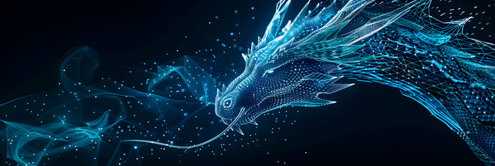 Digital wireframe polygon illustration of dragon on the dark background