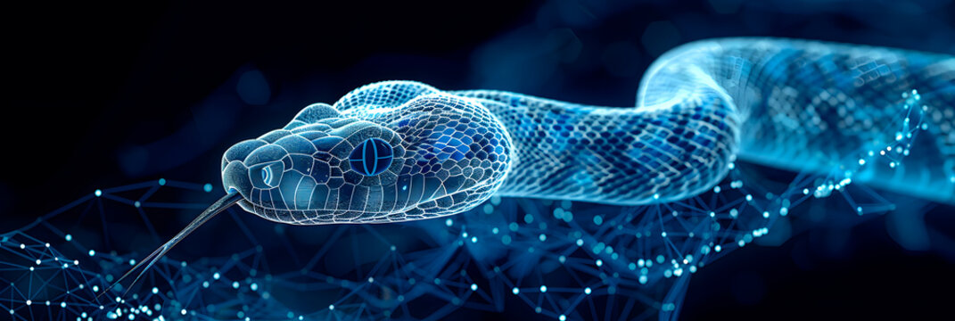 Digital wireframe polygon illustration of snake on the dark background