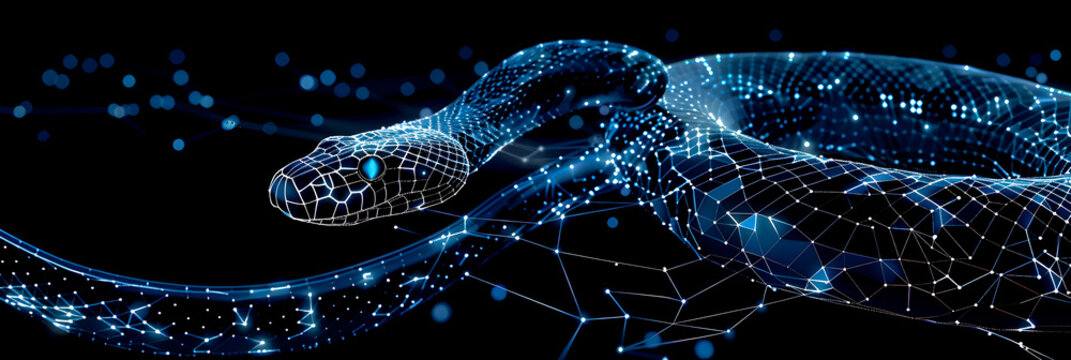 Digital wireframe polygon illustration of snake on the dark background