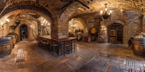 Fototapeta premium A wine cellar filled with wooden barrels against brick walls, exuding a rustic charm and a traditional winemaking atmosphere