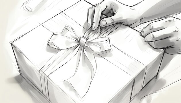 Closeup of hands tying a ribbon on a luxury gift box in a boutique, elegant and detailed sketch with soft lighting