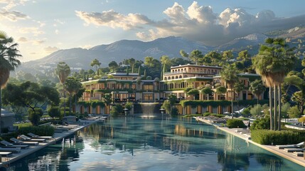 Obraz premium An expansive luxury resort nestled among the breathtaking landscapes. The resort stands proudly, its front view showcasing a symmetrical design that. Generative AI.