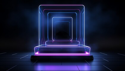 Neonlit clear acrylic podium in a dark futuristic retail environment, showcasing advanced tech gadgets, vivid 3D rendering