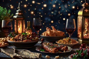 Eid alFitr, the festival of breaking the fast, composition with traditional dishes and lanterns on table, realistic photo shoot