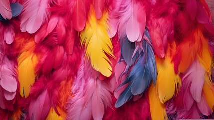 Bold, colorful feather background: red, blue, yellow, pink feathers