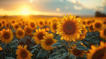 Fototapeta premium A field of blooming sunflowers turning towards the sun.