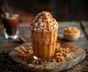 gourmet milkshake art, pouring caramel sauce on top of a creamy caramel milkshake, a deliciously sweet treat thats perfect for a hot day, so indulgent