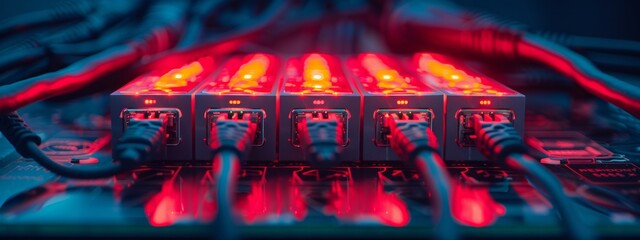 A network switch with cables connected.