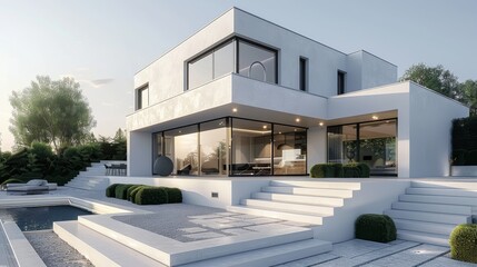 Fototapeta premium White walls, modern house exterior. Generative AI.