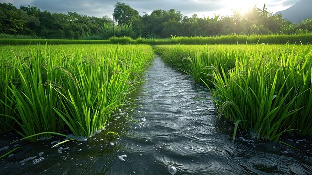 A rice paddy field with vibrant green shoots in standing water.