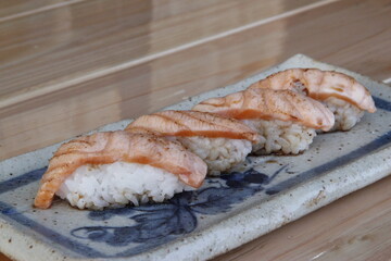 grilled fish on a grill Salmon steak: smoked salmon: salmon sushi