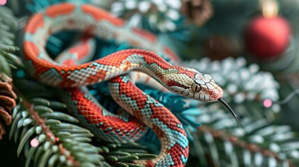 Colorful snake entwined in a Christmas tree, featuring bright festive colors and detailed scales. Holiday season and exotic wildlife concept for design and print. Generative AI	