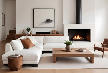 3D A modern living room with white sofa, home desk, dry flowers in a vase, ceramics, fireplace, industrial style