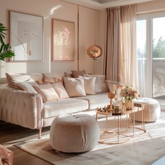 Beige Living Room with Modern Sofa and Decor for Warm Home Interior Design