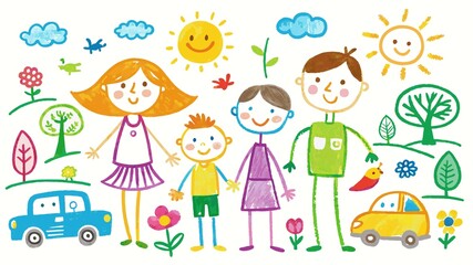 Naklejka premium Family time takes center stage in a heartwarming chalk drawing on white paper, created by a child's innocent hand.