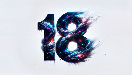Number “18” in a playful space-themed design with stars, planets, and a rocket. Ideal for May 18 events, Astronomy Day, 18th birthdays, and coming-of-age celebrations. 