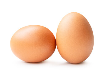 Front view of two brown chicken eggs isolated on white background with clipping path