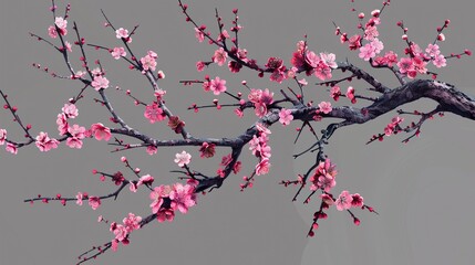A branch of a tree with pink flowers against a light pink background.

