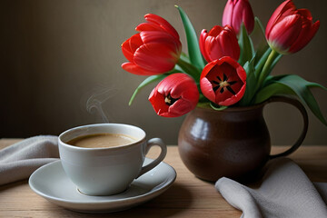 Still life with vibrant red tulips and a cup of coffee. Elegant and cozy scene