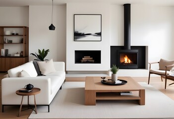 3D A modern living room with white sofa, home desk, dry flowers in a vase, ceramics, fireplace, industrial style