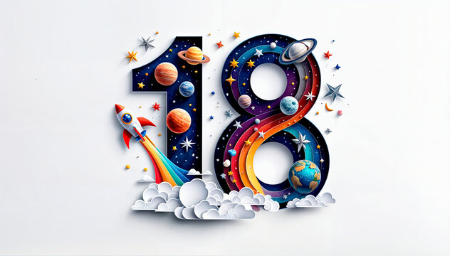 Number “18” in a vibrant space-themed design with planets and a rocket. Suitable for May 18 events, Astronomy Day, 18th birthdays, and coming-of-age celebrations. Ideal for commercial and educational