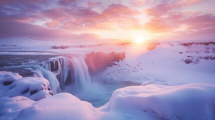 A frozen waterfall at sunset with a pink sky and snow-covered rocks.

