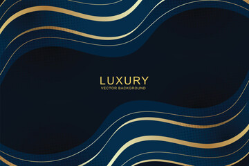 Abstract luxury dark blue wave shapes background with golden lines. Modern simple overlap paper cut style wave layers elements