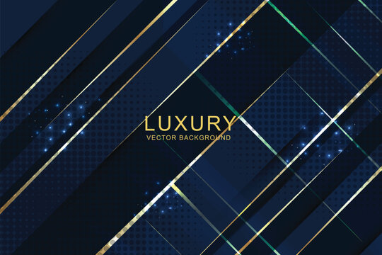Abstract template blue frame stripes golden lines diagonal overlap background. luxury style. Gold vector